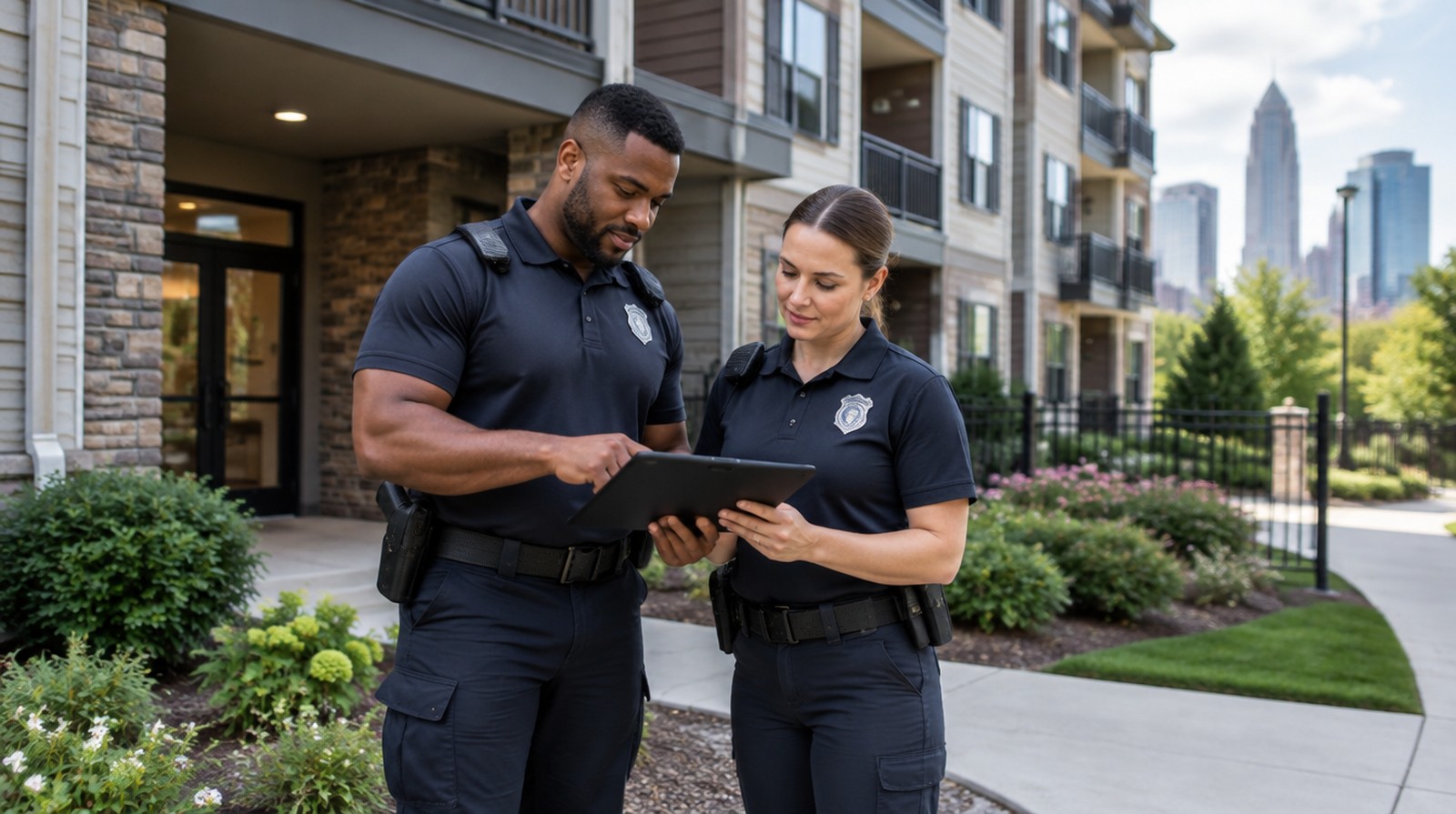 Paladin public safety officers reviewing armed and unarmed coverage options at a Charlotte multifamily property