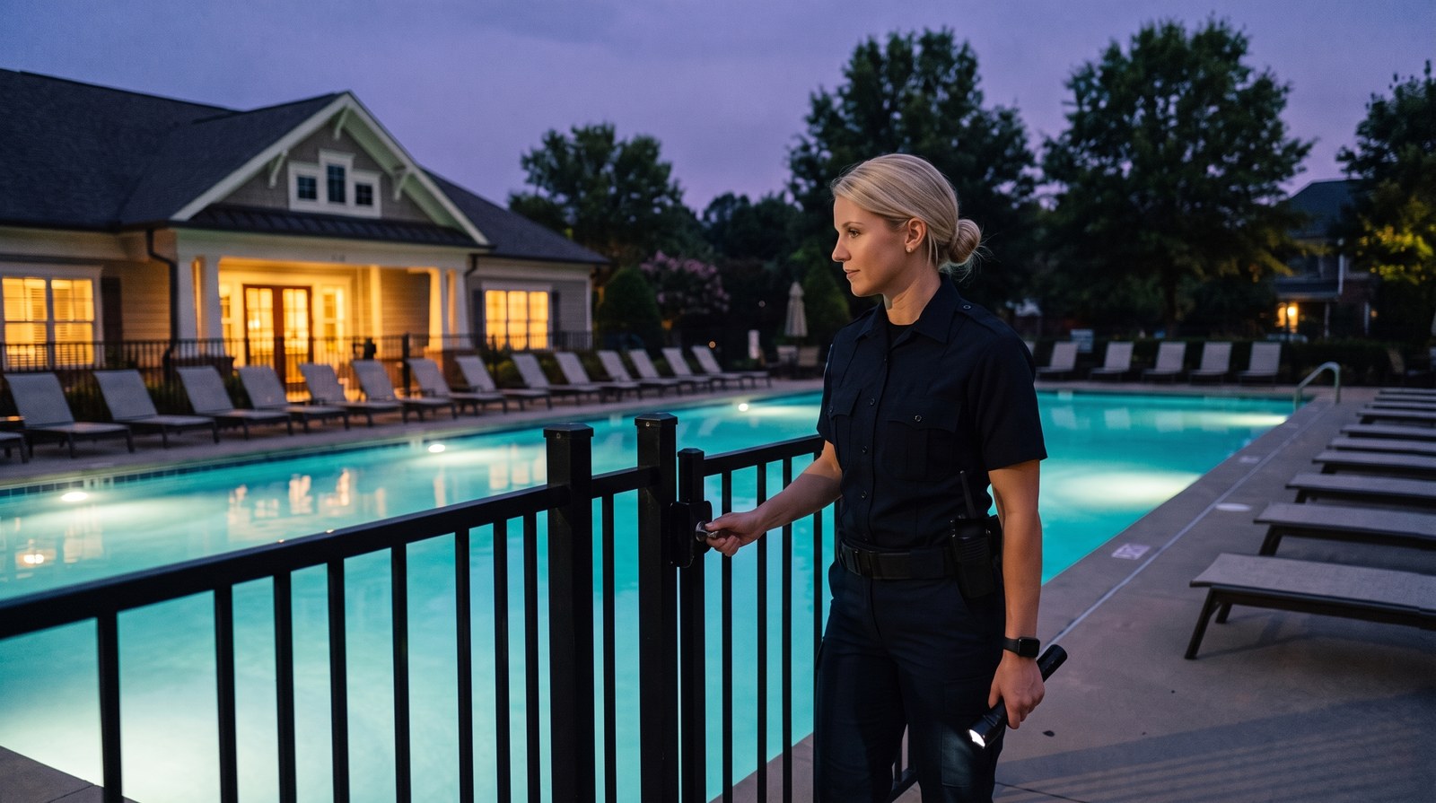 Paladin public safety officer checking the amenity gate at a Charlotte HOA community pool after hours