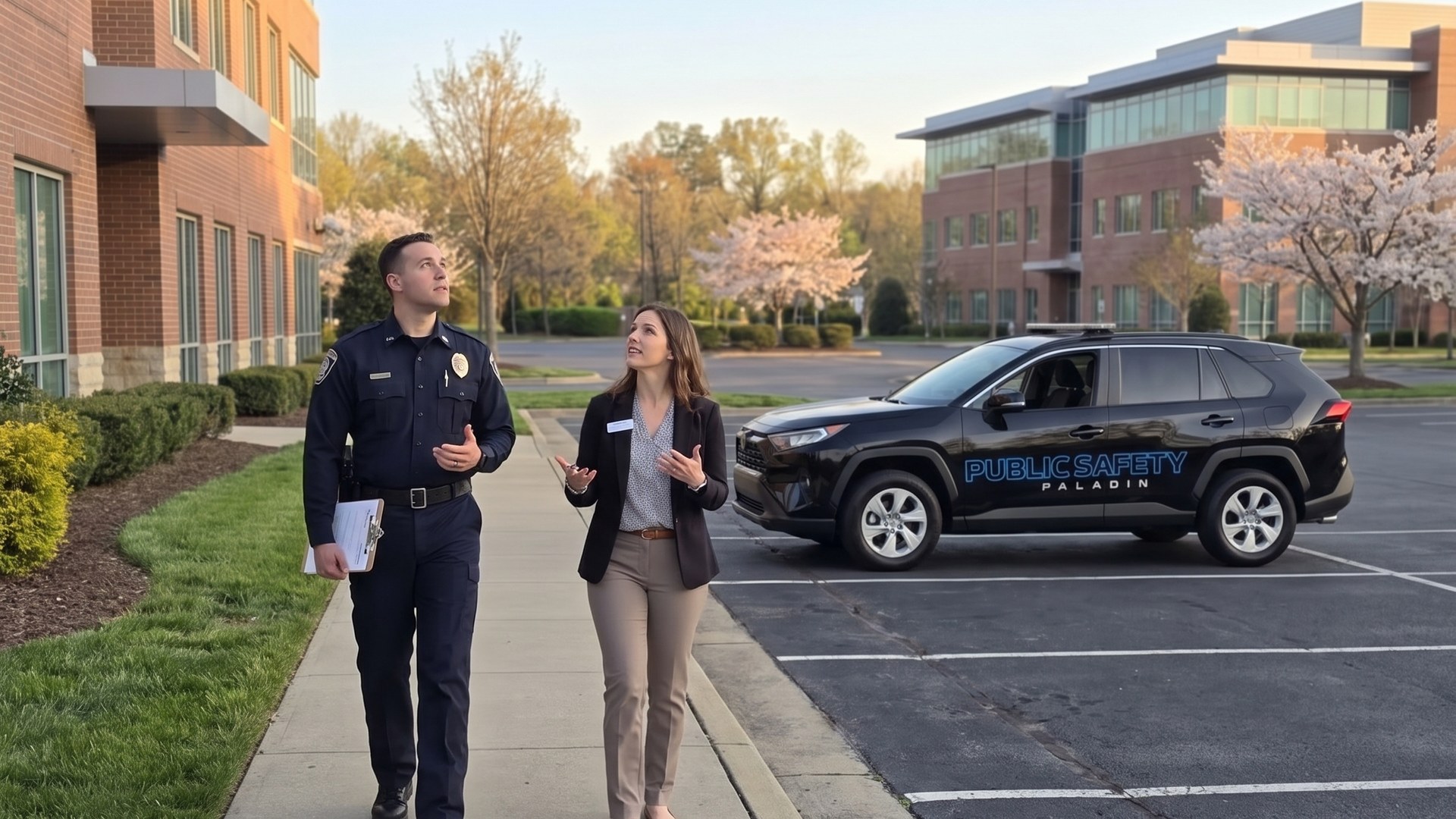 Paladin Public Safety officer reviewing a Charlotte multifamily property during a community safety assessment